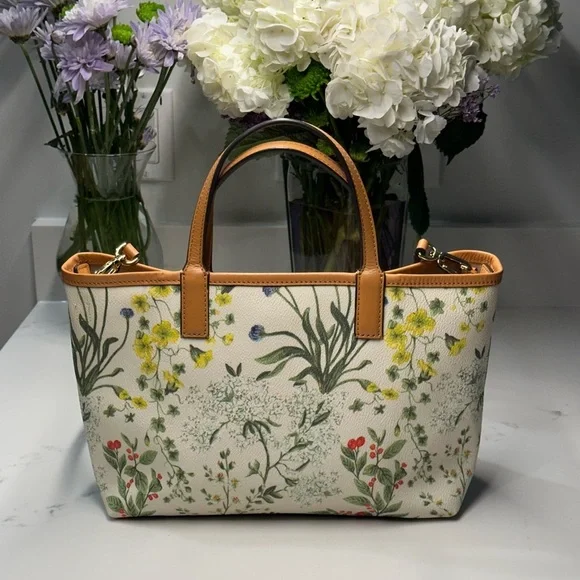 Tory Burch Watercolor Botanical Kerrington Tote Crossbody + Shopping Bag + Dusty - Picture 15 of 16